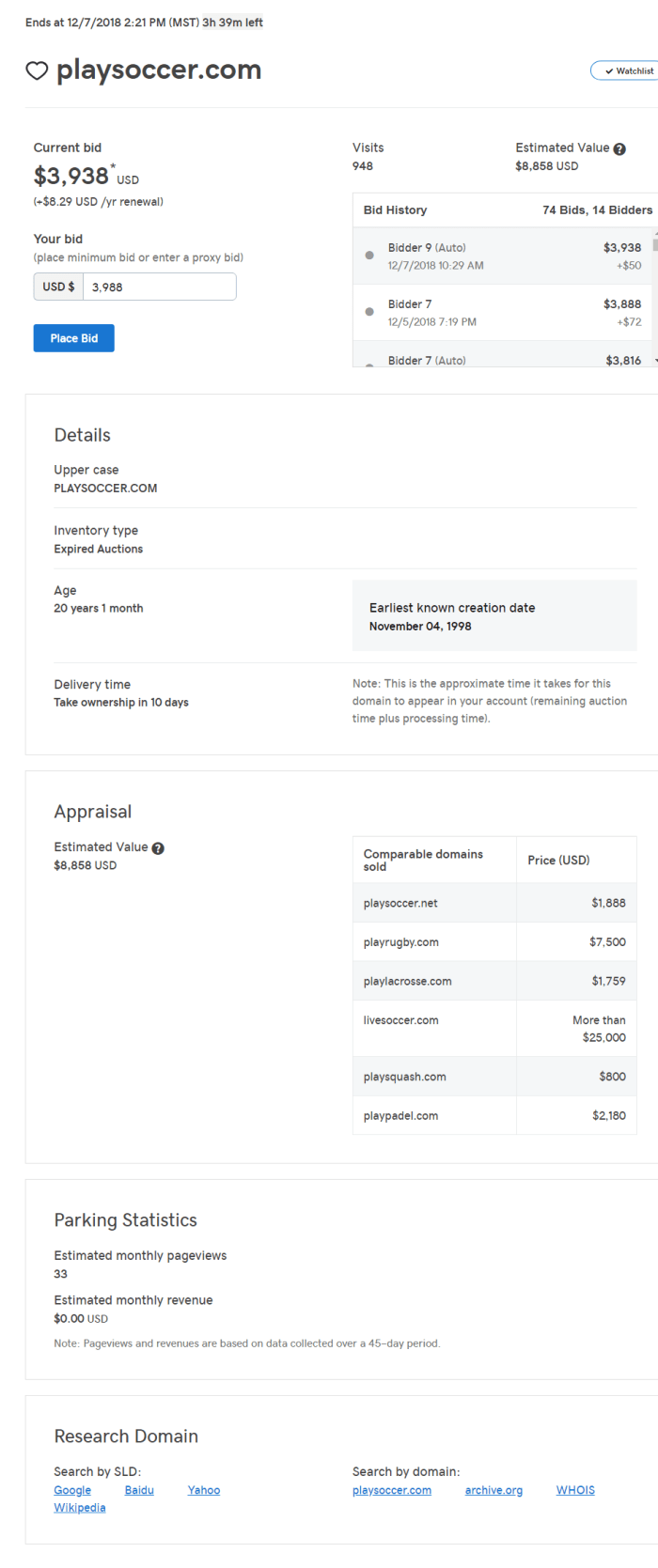 PlaySoccer.com at GoDaddy Auctions today